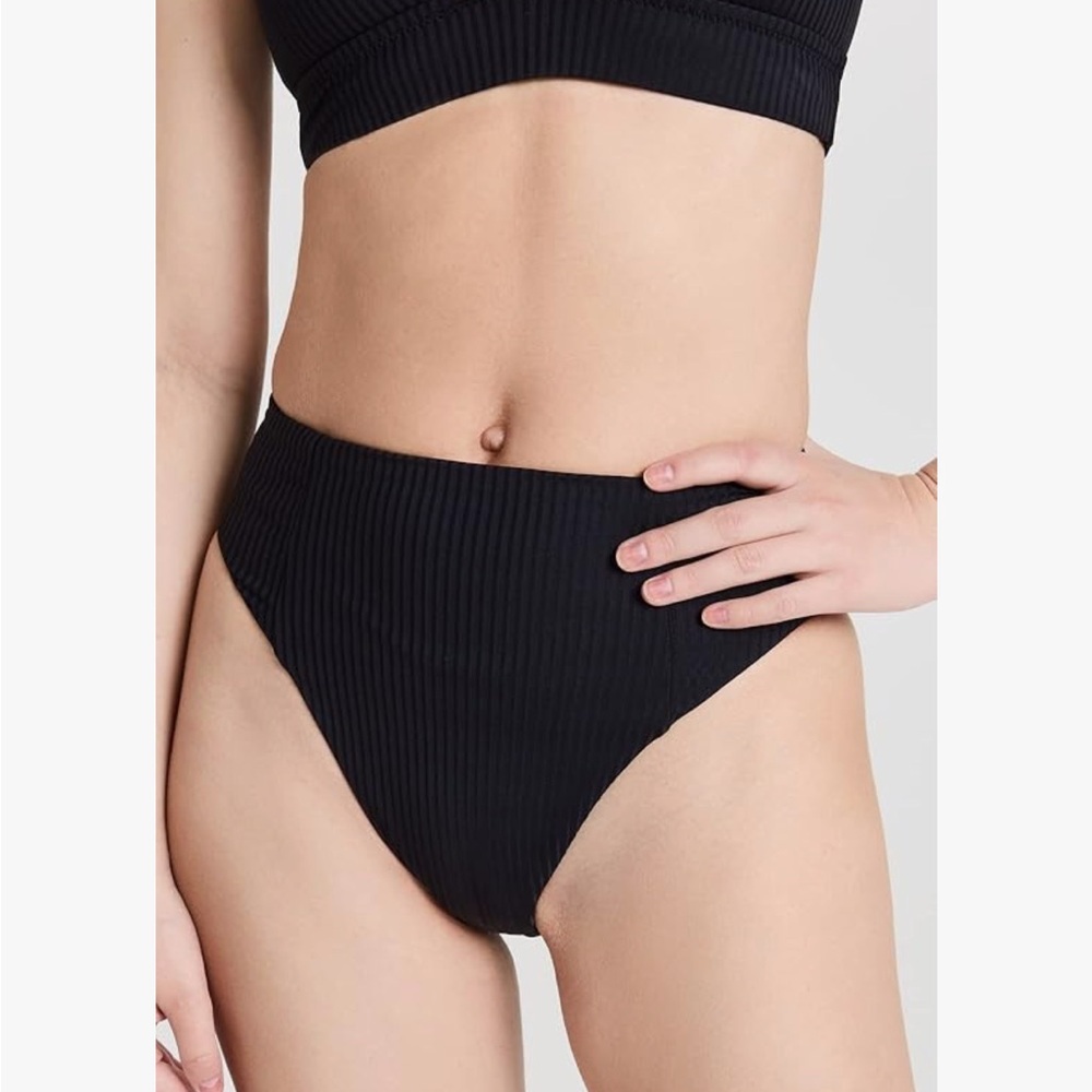 Vitamin A Ribbed High Cut Bikini Bottom in Black NEW